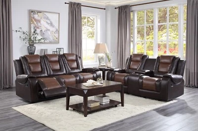 TWO TONE BROWN FAUX LEATHER RECLINING SOFA DROP DOWN TABLE GLIDING LOVESEAT SET - Image 1 of 4