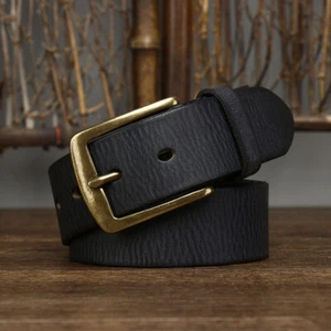 Men's Distressed Cracked Leather Jeans Belt Retro Brass Buckle 38mm Workwear - Picture 1 of 16