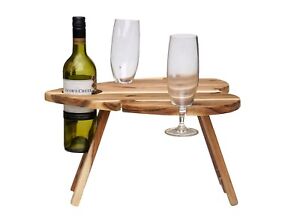 Wood Picnic Table With Wine Glass Holder Rack Folding Tray Outdoor Portable 50cm