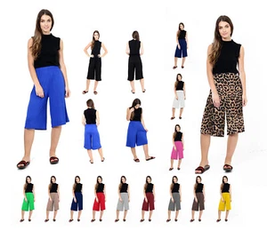 Ladies Plain Elasticated Straight Leg Culotte Wide Leg Baggy Pant - Picture 1 of 27