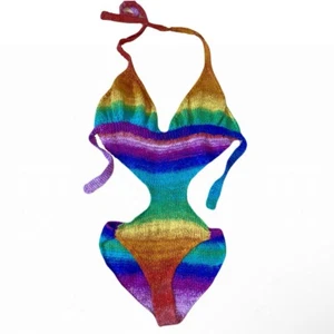 Bohemian Rainbow Color Handmade Crochet Monokini Swimsuit or Festival Jumper 6-8 - Picture 1 of 12