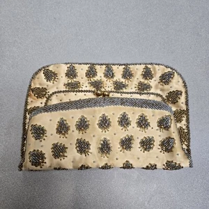 1960s Gold Satin Beaded Purse Gold Metal Kiss Clasp Hong Kong - Picture 1 of 8