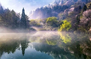 VLIES Fototapete-BERGSEE-(6759ah)-Natur Bäume Blätter See Berge XXL Wandbild - Bild 1 von 1