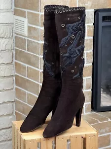 Prada Brown Suede Beads Knee High Heels Zip Boots Size US9 EU39 - Picture 1 of 19