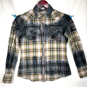 Roar Western Button Front Shirt Rhinestone Cowgirl Gray Distressed Size M - Picture 1 of 21