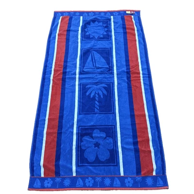TOALHA DE PRAIA VINTAGE vermelha/azul ALGODÃO EGÍPCIO palmeiras/veleiras 37" X 66" - Imagem 1 de 4