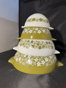 Pyrex Nesting Cinderella Bowl Set 4X Green Crazy Daisy Spring Blossom 441-444 - Picture 1 of 24