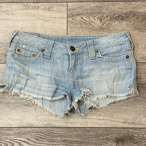 True Religion Blue Y2K Jeans Shorty Shorts 29 Bobby Cut Off Distressed Denim USA - Bild 1 von 5