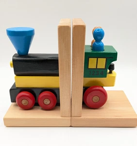Montgomery Schoolhouse My Train Bookends Primary Colors Maple Wood - Picture 1 of 9