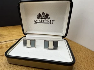 Gemelli Stafford vintage smalto blu intarsiati rettangolari tono argento con scatola - Foto 1 di 2