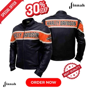 Harley-Davidson® Men's Black & Orange Style Leather Motorcycle Jacket - Picture 1 of 7