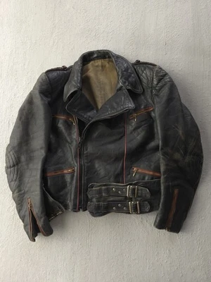 Vintage 1950s German Luftwaffe Style Leather Motorcycle Jacket Black Red M - Image 1 of 4