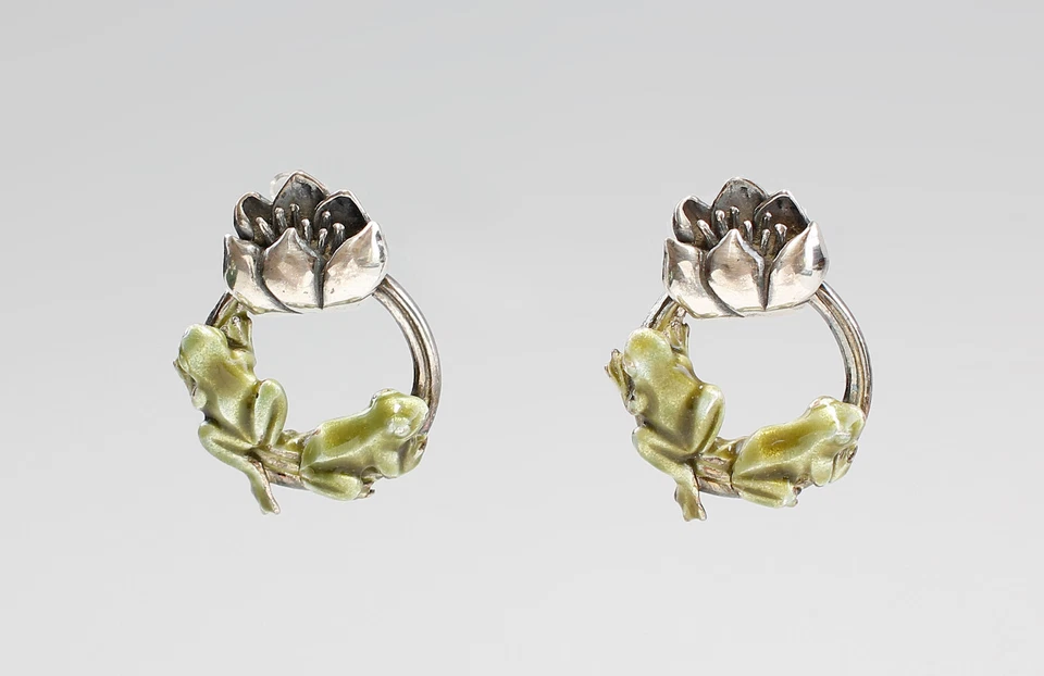 9901263 Ohrringe 925er Silber Handarbeit Emaille Seerose Frosch 3x2,5cm vintage - Bild 1 von 1