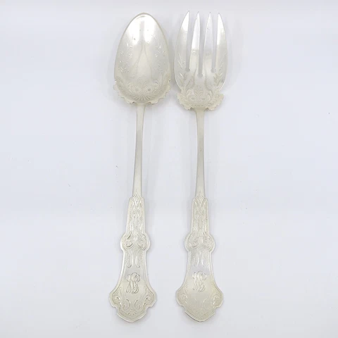 BLACK STARR FROST Sterling Oversized Salad Serving Set Beautifully Engraved Cover