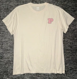 Victoria's Secret Pink Campus Short Sleeve Tee Shirt White Shell Chalk Rose L XL - Picture 1 of 5