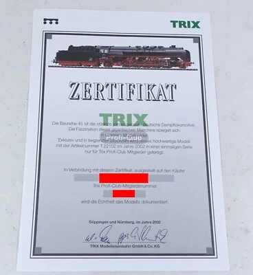 Trix 22102 ZERTIFIKAT Spur H0 Dampflok BR 45 020 DB Digital Profi Club Modell - Bild 1 von 2
