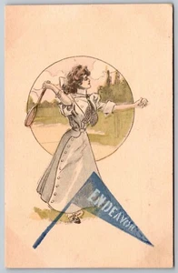 Postcard Art Pretty Lady Tennis Racket Pennant Endeavor *A4567 - Picture 1 of 2