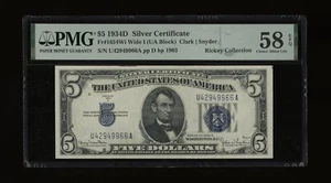 DBR 1934-D $5 Silver Fr. 1654Wi Wide I UA Block PMG 58 EPQ Serial U42949966A - Picture 1 of 2