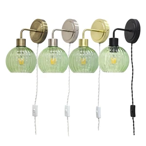 Modern Bedside Plug in Wall Light Reading Lamp with Green Ribbed Glass Shade - Picture 1 of 21