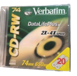 Pack 20 - Verbatim Data Life Plus 74 2X-4X Speed 74 Min 650 MB Compact Disc RW - Picture 1 of 5