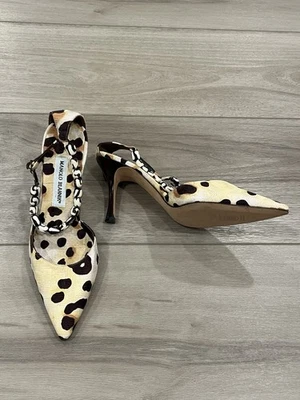 Manolo Blahnik Brown Tan Leopard Print Suede D'Orsay Pump Heel EU 38.5 - Image 1 of 4
