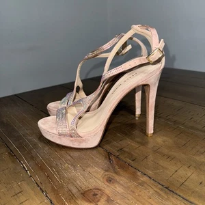 Pelle Moda T Strap Heel Sandal Karisa Rhinestone Platform Wedding Event Pink - Picture 1 of 10