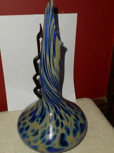 Hand Blown Art Glass Genie Bottle Vase 13" Saw Top Applied Ribbon Handle SIGNED - Picture 1 of 12