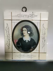 Hervorragende antike französische Portrait Miniatur Lola Montez Intarsien B*ne Rahmen selten - Bild 1 von 13