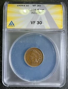 ANACS VF30 1909-S Indian Cent Rare Tough Key San Francisco Date Certified AB - Picture 1 of 2