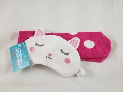 WOMENS ONE SIZE FITS ALL KITTEN EYE MASK PINK WHITE DOTS SOFT PLUSH SOCKS NWT - Image 1 of 4
