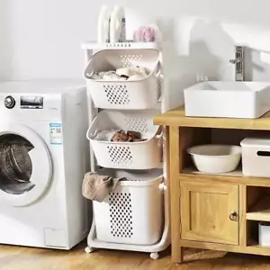 3Tier Plastic Wheeled Laundry Hamper Rolling Clothes Storage Basket Garbage Bin - Picture 1 of 14