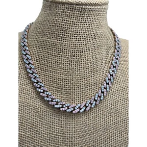 Rhinestone Cuban Link Chain Necklace Clear Pink Crystals Choker Collar 15" READ - Picture 1 of 7