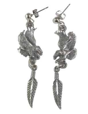 Vintage 1992 EGE Antiqued Silver Tone Eagle Feather Dangle Post Earrings! - Image 1 of 4