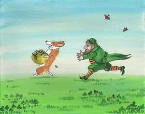 IMPRESIÓN 11x14 PINTURA CORGI FOLK RYTA PERRO DÍA DE SAN PATRICIO DUENDE ORO IRLANDÉS - Imagen 1 de 1
