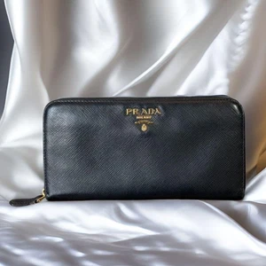 Authentische PRADA lange Geldbörse runder Reißverschluss Saffiano Leder schwa... - Bild 1 von 8