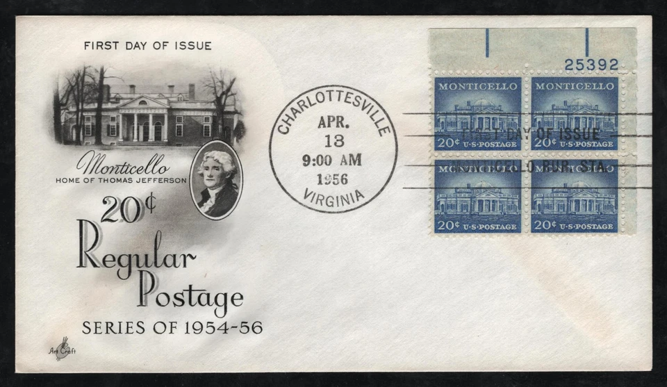 #1047 20c Monticello, Art Craft H/C FDC **ANY 5=FREE SHIPPING** - Image 1 of 1