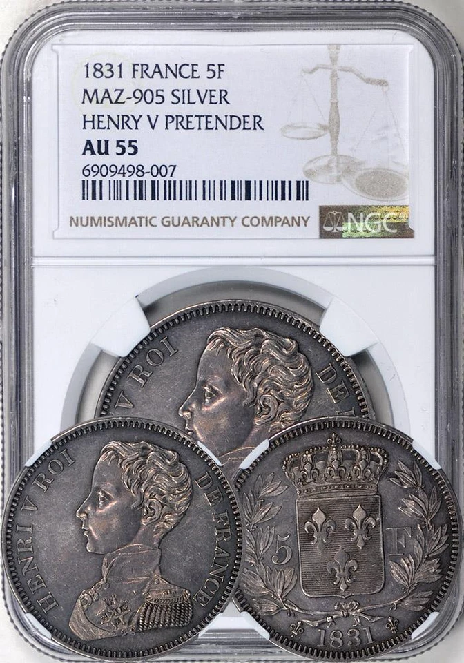 Henry V Pretender plata ensayo/patrón 1831 5 francos, NGC AU-55 Foto 1 de 1