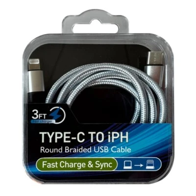 3FT USB-C Type C to 8-Pin Fast Charging Sync Nylon Braided Cable PD Cord Silver - Image 1 of 4