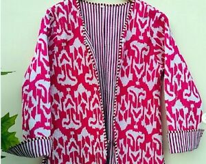 Pink Ikat Cotton Patchwork Jacket Handmade cotton Jackets Women's Clothing US