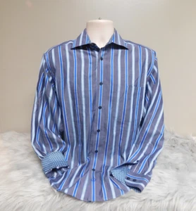Bugatchi Uomo Mens Button Front Shirt Blue Stripe Long Sleeve Medium - Picture 1 of 10