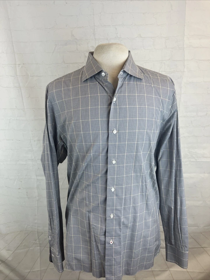 Isaia Men's Gray & Yellow Plaid Cotton Dress Shirt 17.5 - 44 $595 - Image 1 of 4