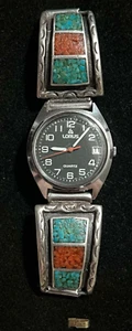 Vintage Native American Crushed Turquoise Coral Silver .925 Men's Lorus Watch - Picture 1 of 17