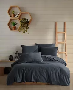 MONA 5 Pcs Queen Duvet Cover Set Anthracite 100% Washed Pure Cotton Super Soft - Picture 1 of 4