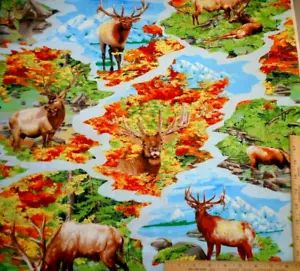 Autumn Blaze Fabric By Yard Elk Wilderness Scenic Animals Fall Premium Cotton #C - Picture 1 of 3