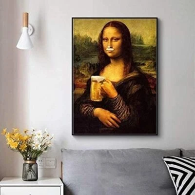 ZIJOU Leinwandmalerei Parodie Spaß Mona Lisa Trinken Bier Wandkunst Bild 50x70cm