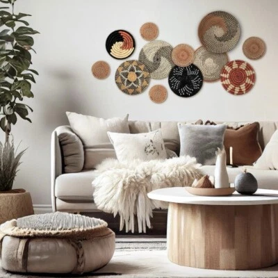 NUEVO West Elm XL Tejido Mimbre Ratán Pastos Marinos Boho Cestas Colgantes de Pared - Juego 11 Foto 1 de 4