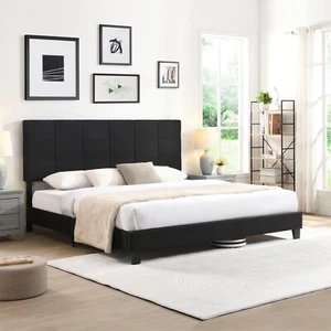 King Size Upholstered Platform Bed Frame with Upholstered Headboard Black US - Picture 1 of 14