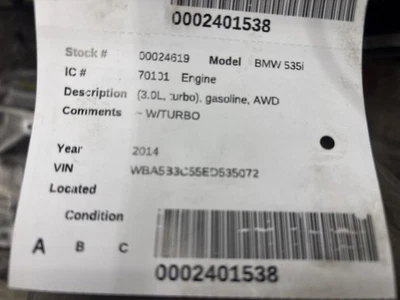 Engine 3.0L Turbo AWD Fits 14-17 BMW 535i GT 451666 Foto 1 de 4