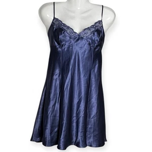 Vintage 90's Victoria's Secret Silky Teddy Lingerie Dress Navy Blue Lacy Night - Picture 1 of 12
