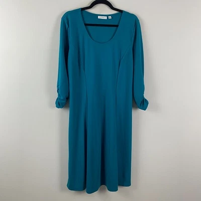 Susan Graver Dress Womens Large Teal 3/4 Ruched Sleeves Below Knee - Image 1 of 4